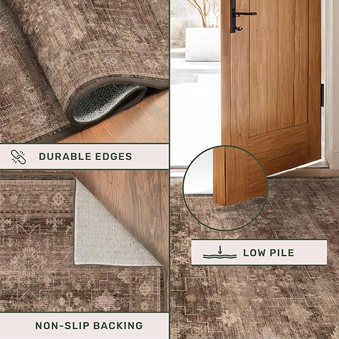 Hazo Haus Boho Taupe Brown 5x7 Living Room Rug - Modern Vintage Traditional Oriental Neutral, Washable Low Pile Non-Slip Large Area Rugs for Nursery Dining Under Table