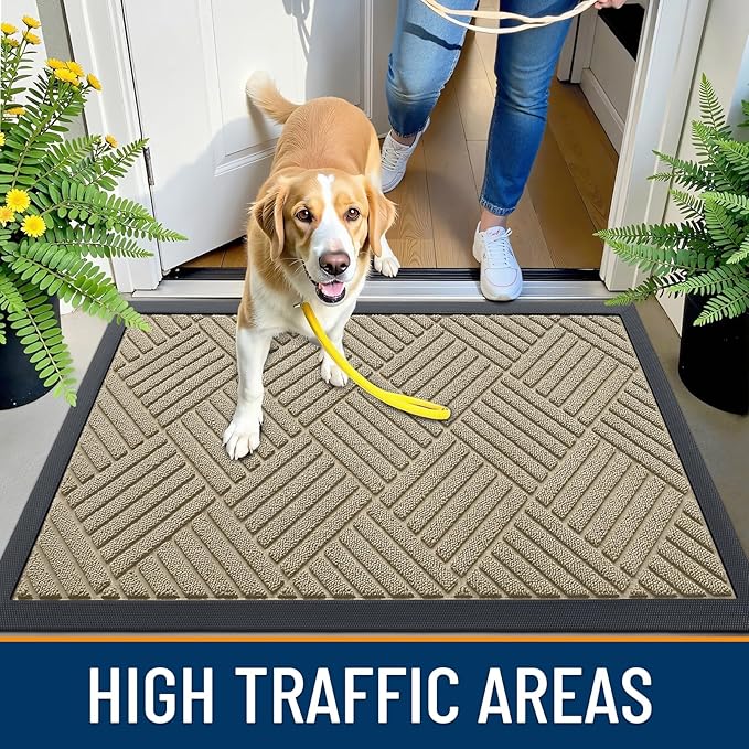 OLANLY Front Door Mat Outside Entrance 47x23, Absorbent, Heavy Duty Sturdy Natural Rubber Doormat Indoor Outdoor, Stain and Fade Resistant, Non-Slip Low Profile Floor Mat for Entryway, Beige Diamond