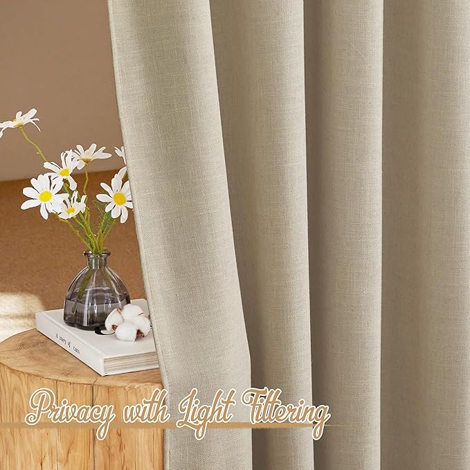 NICETOWN Taupe Curtains 84 inch Length 2 Panels Set, Rod Pocket & Back Tab Natural Linen Burlap Semi Sheer Window Treatments Privacy with Light Filtering for Bedroom/Living Room, W52 x L84