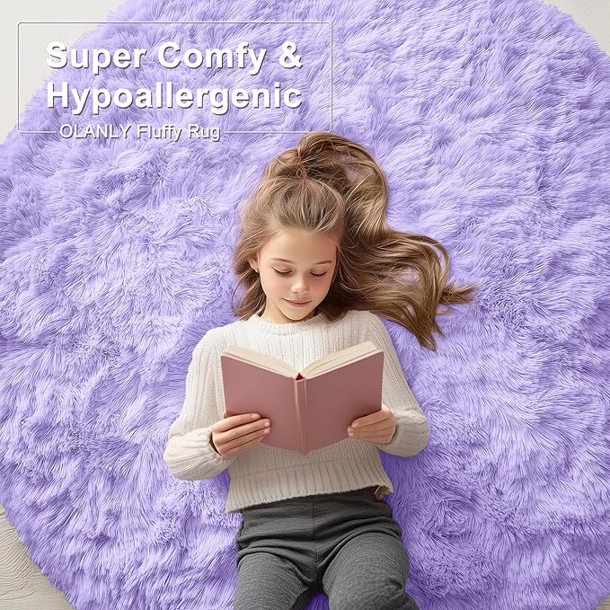 OLANLY Light Purple Round Rugs for Bedroom - Machine Washable, 8 ft Circle Area Rugs for Living Room, Soft and Fluffy Shaggy Carpet for Teen Girls and Boys, Nursery Rooms, Dorms, Home Decor Aesthetic
