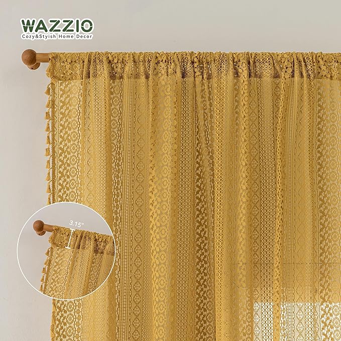 WAZZIO Boho Lace Curtains 63 Inches 2 Panel,Light Filtering Privacy Tassel & Geometry Crochet Semi Sheer Curtain Drapes for Bedroom Living Dining Room,Rod Pocket & Tassel,Mustard Yellow