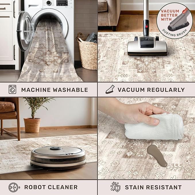 Hazo Haus Boho Long Bathroom Runner Rug 24 x 72 Washable Non Slip - Soft Stain Reistant Rugs for Kitchen, Laundry Room, Hallway Runner - Neutral Floral Design Décor (2x6 Beige/Latte)