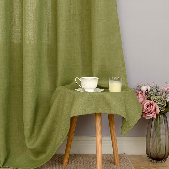 LAMIT Moss Green Linen Curtains for Living Room 84 Inch Long, Grommet Light Filtering Bedroom Spring Curtains Privacy Window Panels for Farmhouse, 2 Panels, 52 x 84 Inch