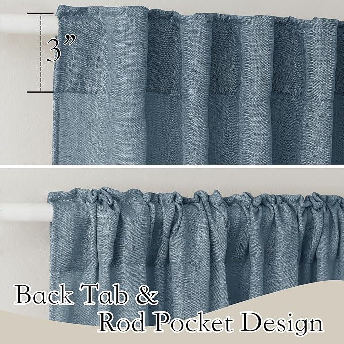 RYB HOME Blue Sheer Curtains - Linen Wave Texture Half Privacy Sheer Curtains Light Airy Vertical Drapes Small Window Treatment for Bedroom Bathroom Living Room, Stone Blue, W 52 x L 45 inch, 2 Panels