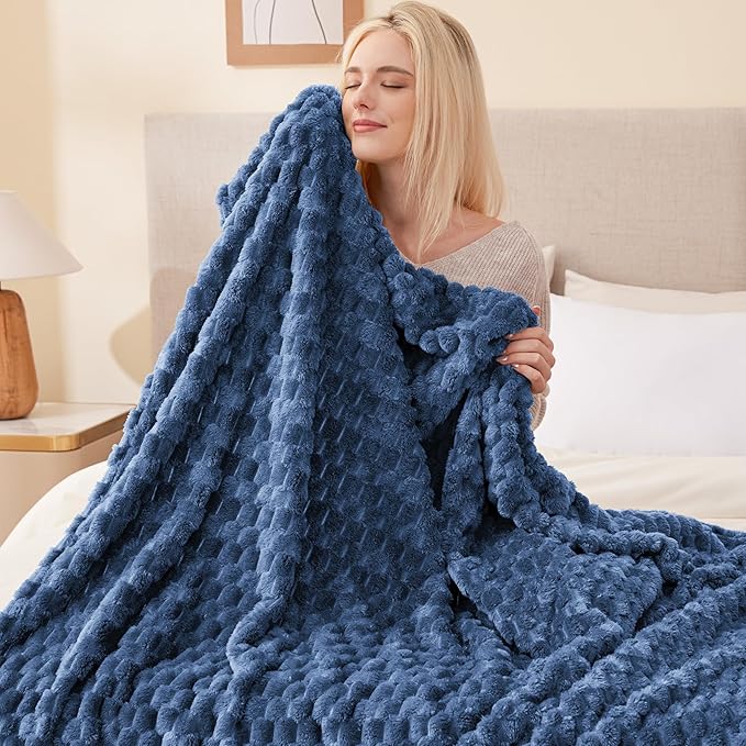 EXQ Home Fleece Blanket Twin Size for Couch or Bed - 3D Imitation Turtle Shell Jacquard Decorative Blankets - Cozy Soft Lightweight Fuzzy Flannel Blanket Suitable for All Seasons(60"×80",Dark Blue)