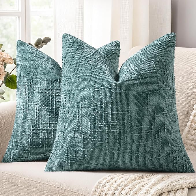 decorUhome Summer Teal Chenille Throw Pillow Covers 16x16 Set of 2 Textured Soft Cozy Slubby Couch Pillow Covers Modern Farmhouse Boho Decorative Pillow Cases for Bed Sofa Living Room