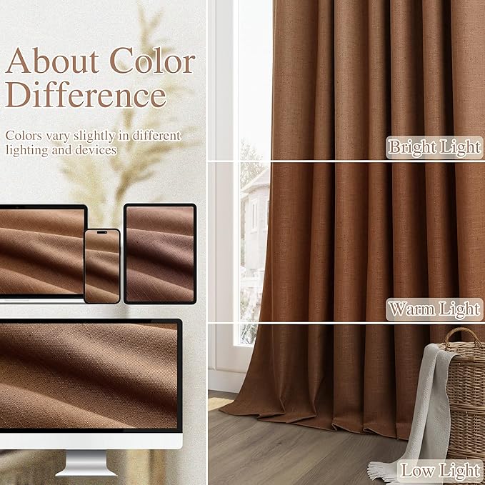 Guken Caramel Brown 100% Blackout Linen Curtains 96 Inch Length 2 Panels Set for Living Room Bedroom Back Tab/Rod Pocket Thermal Insulated Black Out Drapes Room Darkening Farmhouse Window Curtains