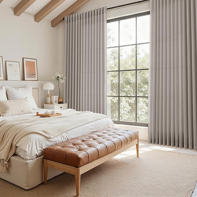 Stone Grey Linen Curtains 112 Inches Long for Living Room Simple Modern Light Filtering Semi Sheer Curtain Back Tab Rod Pocket Neutral Luxury Floor to Ceiling High Window for Bedroom 52x112, 2 Panels