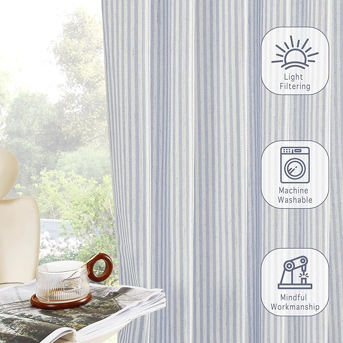RYB HOME Kitchen Curtains 36 inch Length for Cafe Bathroom Small Window, Striped Linen Pinstripe Drapes Valance Boho Rustic for Living Room Short Tier Farmhouse, Blue, W26 x L36, 2 Panels