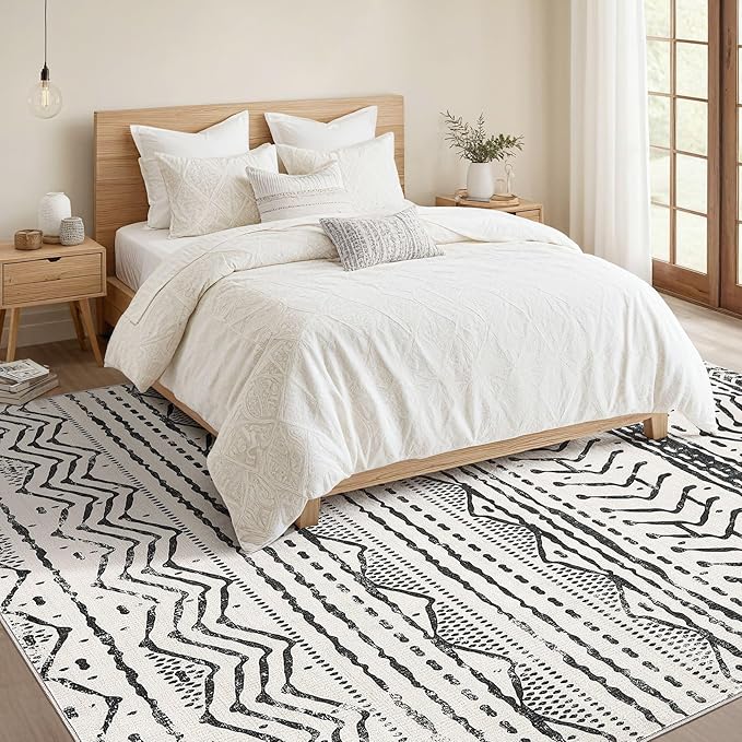 Nakagishi Black Rug Living Room Rugs: 10x14 Machine Washable Boho Large Neutral Modern Soft Moroccan Stain Resistant Indoor Floor Non Slip Accent Carpet for Bedroom Nursery Kids Playroom Office