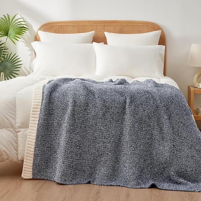 Snuggle Sac Heather Navy Throw Blanket for Couch, Super Soft Warm Microfiber Blankets Navy Blue, Cozy Knit Fuzzy Plush Lightweight Throws for Sofa, Bed, Heather Navy,50x60 inches