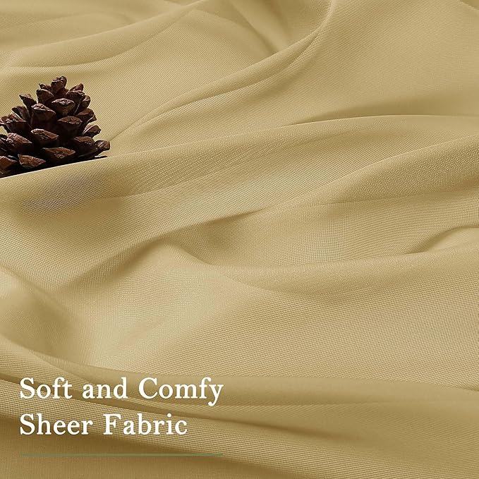 Lecloud Gold Sheer Curtains 63 Inch Length 2 Panels, Rod Pockets Window Treatments Light Filtering Bedroom Curtains for Living Room, Soft Home Drapes for Bathroom, Each Panel 59" W x 63" L