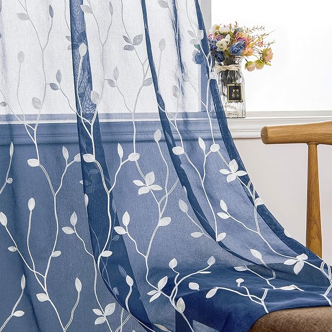 AmHoo 2 Panels Embroidered Leaf Pattern Semi Sheer Curtains Foliage Floral Voile Window Draperies Treatment for Bedroom Living Room Rod Pocket Navy Blue 53 x 63 Inch
