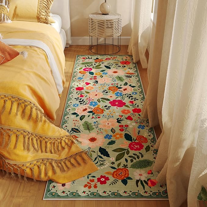 Rugcomf Runner Rug for Hallways Kitchen Rug Non Slip 2'6''x8' Washable Runner Rugs with Rubber Backing Soft Floral Carpet Runner for Hallways, Kitchen, Laundry, Bedroom, Bathroom(Green)