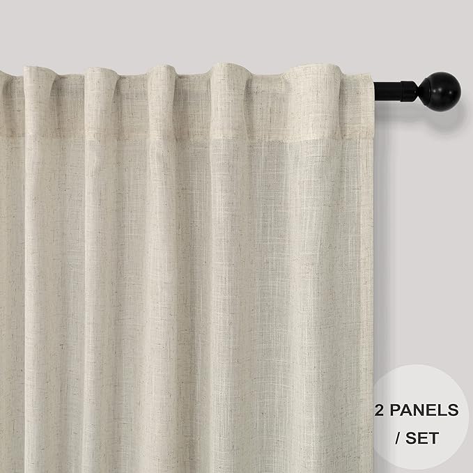 Pitalk Beige Sheer Curtains for Living Room 100 Inches Long 2 Panels Rod Pocket Tab Semi Transparent Curtains Boho Farmhouse Mid Century Country Western Linen Drapes Ceiling to Floor 52 x 100 Length