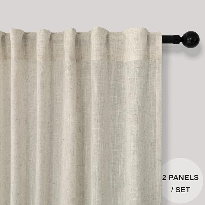Pitalk Beige Boho Curtains 58 Inches Long for Living Room Bedroom 2 Panel Linen Back Tab Modern Farmhouse Window Curtain Privacy Semi Sheer Flax Linen Drape Pinch Pleated Look Curtain 52 x 58 Length