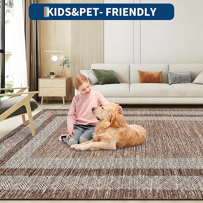 GarveeHome Washable Rug 5x7 Modern Bordered Rug with Non Slip Rubber Backing, Low Pile Thin Carpet, Soft Non Shedding Floor Covering, Foldable Printed Carpet for Living Room Bedroom, Brown