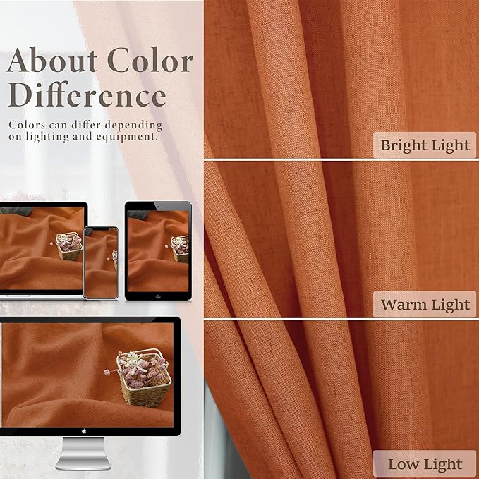 Burnt Orange Curtains 96 Inches Long for Living Room 2 Panels Back Tab Pocket Draperies Semi Sheer Linen Boho Fall Curtain for Bedroom Rustic Cottage Decor Terracotta Colored Tangerine Pumpkin 52x96