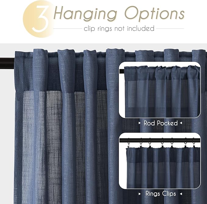 Navy Blue Curtains 108 inch Length for Bedroom Back Tab Light Filtering Semi Sheer Blue Living Room Curtains Linen Cotton Textured Indigo Blue Drapery Panel Modern Aesthetic Decor 60" Wx108" L