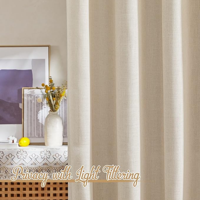 NICETOWN Beige Linen Curtains 84 inches Long, Rod Pocket & Back Tab Flax Linen Burlap Semi Sheer with Light Filtering Curtains & Drapes Privacy Window Treatments for Living Room, W52 x L84, 2 Pieces