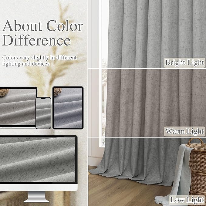 Guken Dark Grey 100% Blackout Linen Curtains 102 Inch Length 2 Panels Set for Living Room Bedroom Back Tab/Rod Pocket Thermal Insulated Black Out Drapes Room Darkening Window Curtains
