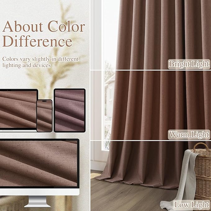 Guken Cappuccino 100% Blackout Linen Curtains 84 Inch Length 2 Panels Set for Living Room Bedroom Back Tab/Rod Pocket Thermal Insulated Farmhouse Black Out Drapes Room Darkening,52x84