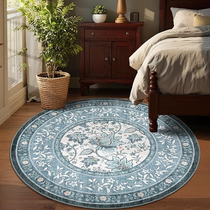 GarveeHome Misty Blue Botanical Grove 4ft Round Rug, Small Circle Vintage Cottagecore Soft Low-Pile Non-Slip Washable Rugs for Living Room Bedroom Nursery Kitchen Retro Carpet