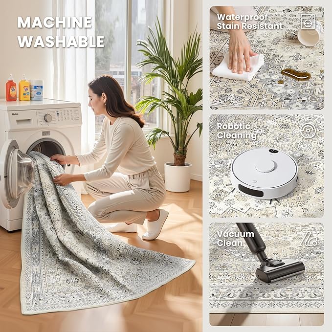 zesthome 4x6 Rug - Stain Resistant Washable Rug, Anti Slip Backing Rugs for Living Room, Foldable Vintage Small Area Rugs ((Beige,4'x6')