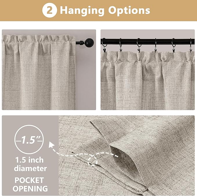 OVZME Valance for Windows, Light Filtering Faux Linen Textured Small Short Valance Kitchen Curtain, Dual Rod Pocket Top Short Window Curtain for Bathroom Basement Farmhouse, 52Wx16L Inch, Linen Color