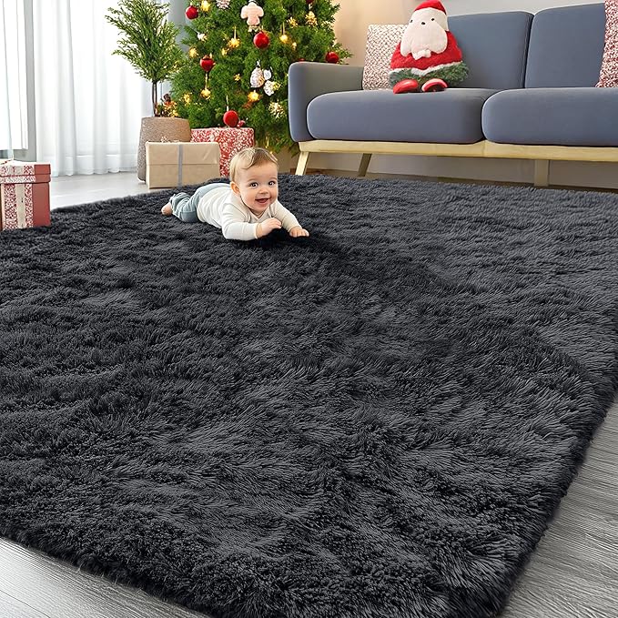 OLANLY 10x12 Machine Washable Large Area Rugs for Living Room, Bedroom, Soft Fluffy Shaggy Bedside Rug, Indoor Floor Carpet for Kids Girls and Boys, Dorms, Nursery, Home Decor Aesthetic, Black