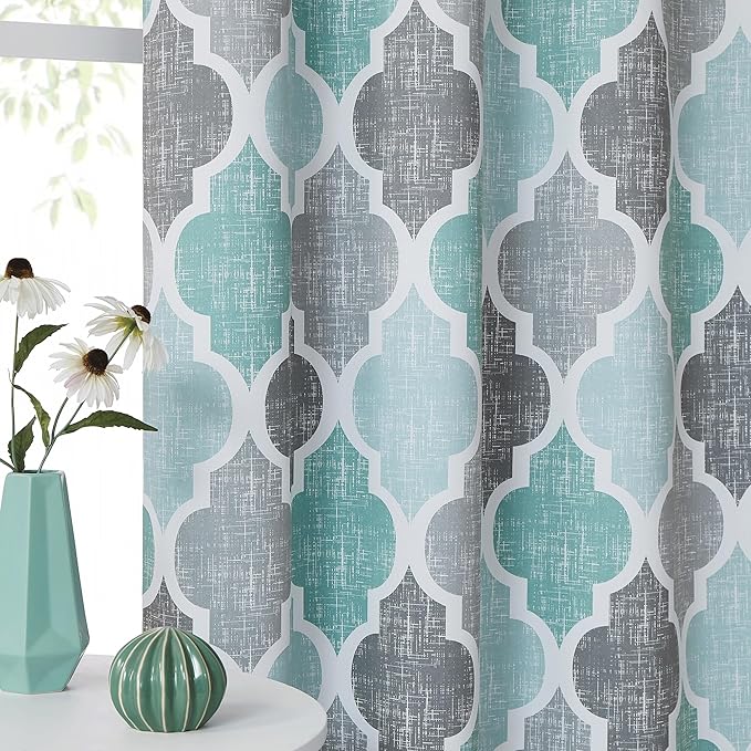 Beauoop 100% Blackout Curtains 90 Inches Long 2 Panels for Bedroom Living Room Aqua Grey Moroccan Geo Room Darkening Thermal Insulated Soundproof Grommet Top Window Treatments Drapes, 50x90 Set of 2