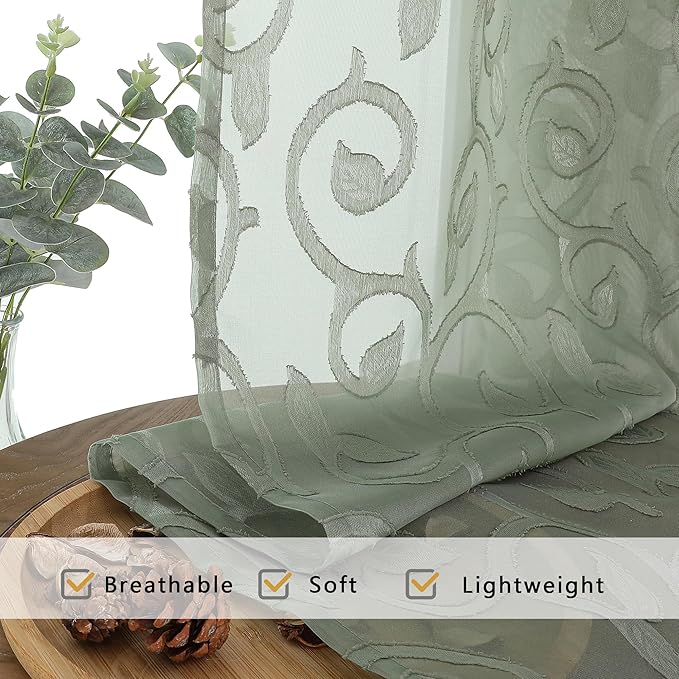 OWENIE Furman Sage Green Semi Sheer Curtains 72 inches Long for Bedroom Living Room 2 Panels Set, Light Filtering Door Curtains Elegant Clip Jacquard, Rod Pocket Window Treatments, 2 Pcs = 84" Width