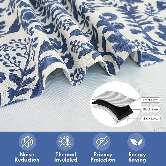 DriftAway Julia Watercolor Blooming Flower Floral Lined Thermal Insulated Window Curtain Valance Rod Pocket 52 Inch by 14 Inch Plus 1.75 Inch Header Linen Blend Navy 1 Pack