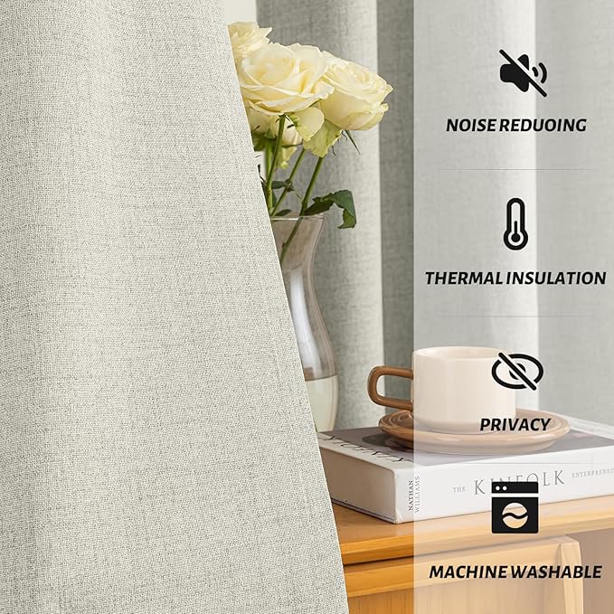 Yakamok Cream Linen Curtains 100% Blackout 90 Inches Long,Room Darkening Textured Curtains for Living Room Thermal Grommet Bedroom Curtain 2 Panels with Greyish White Liner