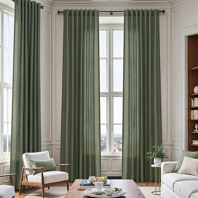 Nanspring Olive Green Linen Sheer Curtains 90 Inch Length 2 Panel Set Back Tab Rod Pocket Semi Sheer Light Filtering Breathability Elegance Modern Design for Bathroom Living Room 60x90
