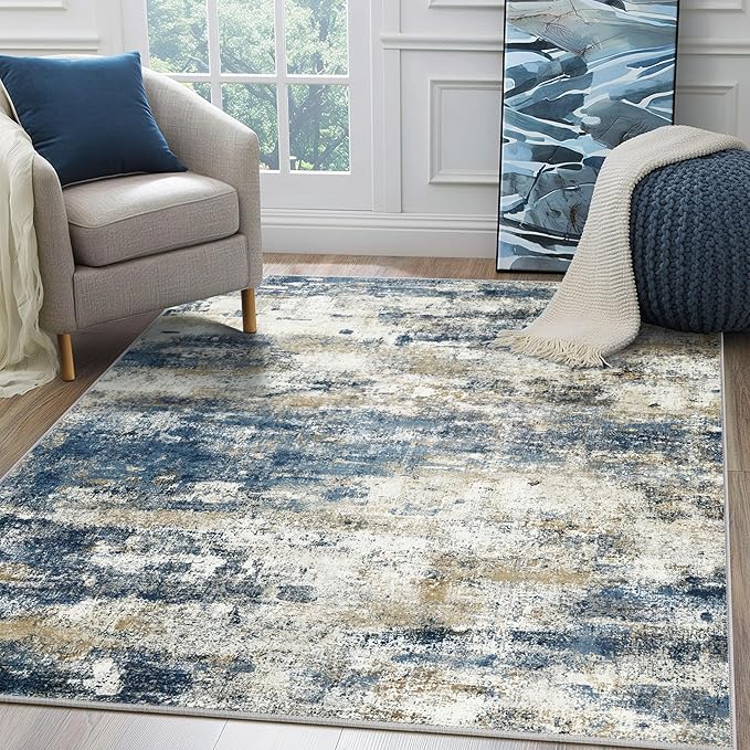 BEIMO Machine Washable Rug 5x7 Area Rugs for Living Room Bedroom, Large Navy Blue Beige Abstract Area Rug Soft Throw Rugs, Low-Pile Floor Carpet with Non Slip Rubber Backing