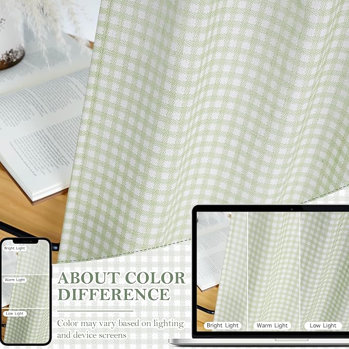 RYB HOME Sage Green Cafe Curtains Rustic Plaid Kithen Tier, Classic Short Checkered Drapes 36 inch Length Small Window Treatment for Living Room Bathroom Bistro Farmhouse Valance, W26 x L36, 2 Panels