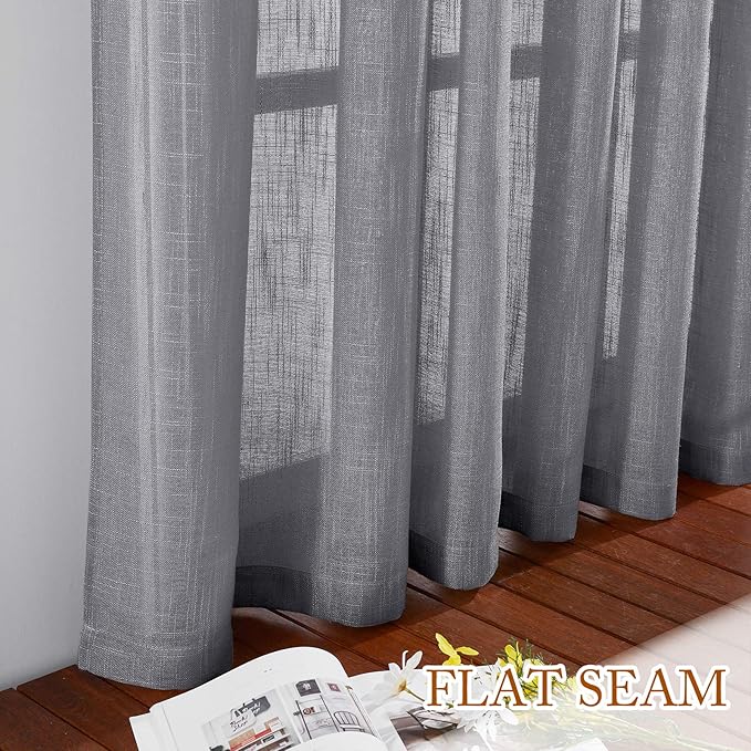 NICETOWN Sheer Curtains 84 inches Long Linen Look for Farmhouse, Rustic Rod Pocket & Back Tab Semi Sheer Window Treatments Balance Light & Privacy for Living Room, 52" Wide, Grey, 2 Panels