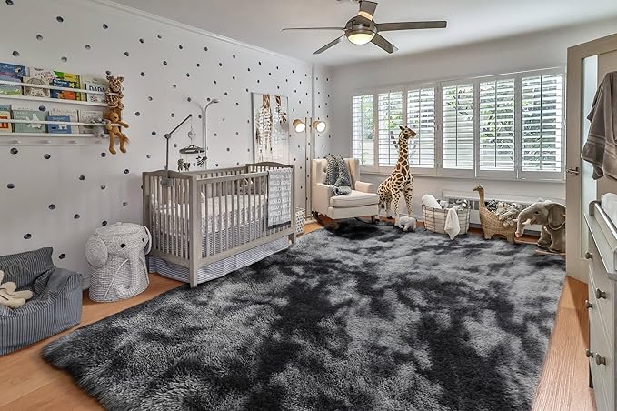 ONASAR Area Rugs for Bedroom Living Room, Fluffy Tie-Dyed Dark Grey 4x6 Indoor Bedside Floor Throw Rug, Soft Plush Shaggy Carpet for Nursery Kids Girls Boys Teen Dorm Home Office Decor