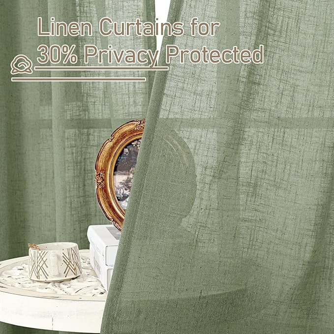 LAMIT Sage Green Linen Sheer Curtains 84 inch for Living Room, Linen Textured Light Filtering Drapes Bronze Grommet Boho Panels for Farmhouse/Living Room, 2 Panels, 52 x 84 Inch