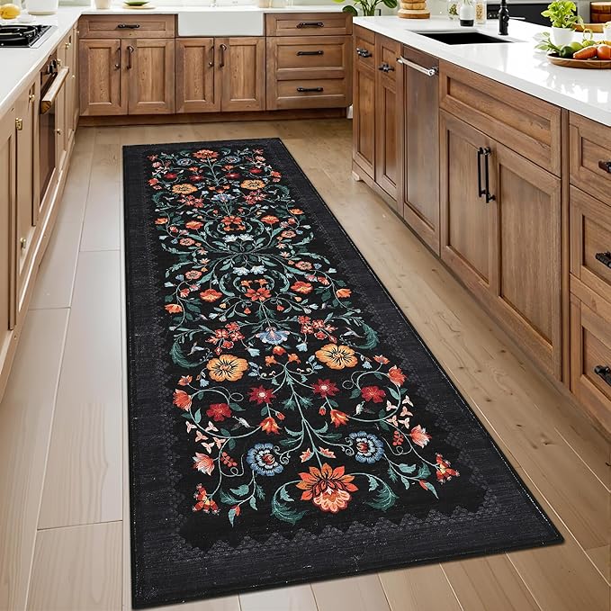 GarveeHome Floral Rug 2.5x8 Runners for Hallways, Boho Kitchen Runner Rugs Non Slip Bath Runners, Vintage Washable Runner Rug for Bedroom, Soft Long Rugs for Entryway Bathroom Laundry Dorm, Black