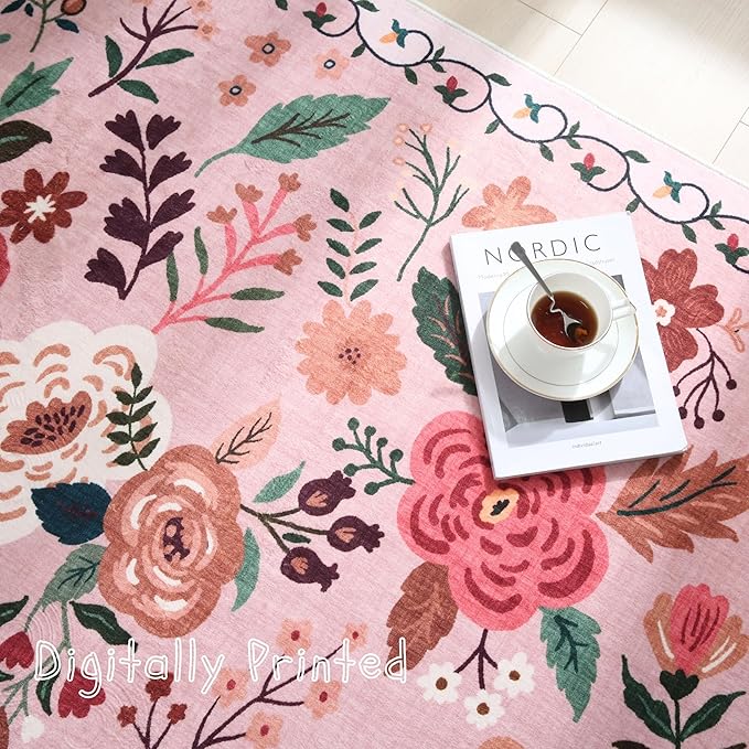 Rugcomf Round Rug 6ft Washable Circle Rug Non Slip Low Pile Boho Floral Small Circular Rug for Bedroom, Bathroom, Entryway, Kids Room, Office, College Dorm(Pink)