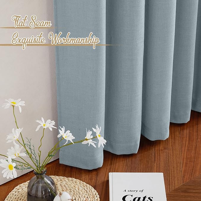 NICETOWN Linen Blend Mist Blue Curtains for Living Room, Rod Pocket & Back Tab Flax Burlap Window Treatments Semi Sheer Privacy with Light Filtering Drapes for Bedroom, W52 x L84, 2 Panels