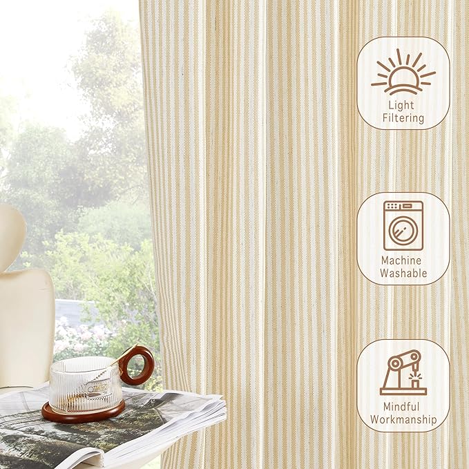 RYB HOME Yellow Kitchen Curtains 24 inch Length, Linen Farmhouse Striped Tier Cafe Curtains for Living Room Bathroom Tickingstripe Small Window Rustic Pinstripe Valances, W26 x L24, 2 Panels