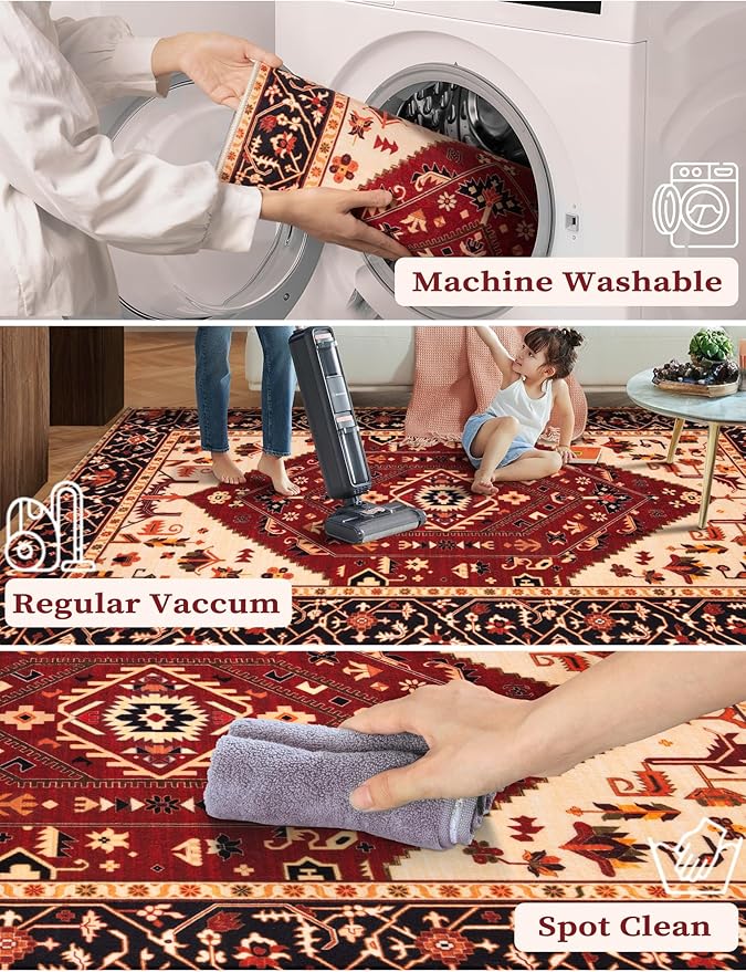 SERISSA Runner Rug for Hallways, 2'6"x12' Washable Non Slip Kitchen Runner Rug, Extra Long Boho Rug Ultra Soft Vintage Red Black Print Floor Carpet for Bedroom Hallway Entryway Bathroom Laundry Room