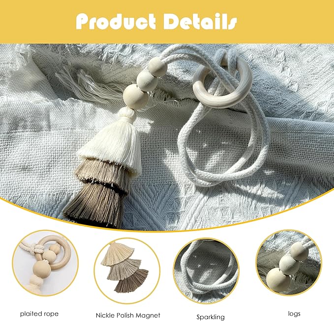 SRG Rope Curtain Tiebacks with Tassel Boho 2 PCS Handmade Wooden Ring Curtain Tie Backs Accessories Wall Decoration Drapery Curtain Holdbacks for Bedroom Window