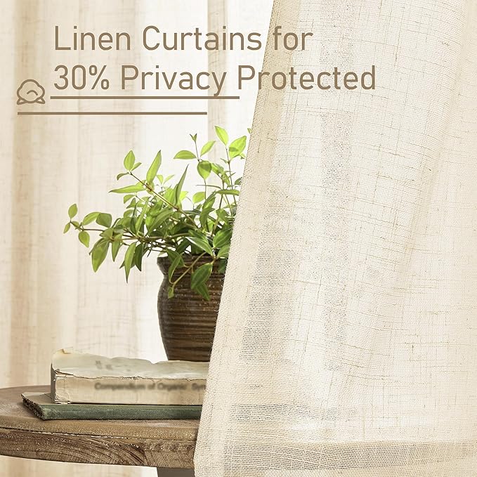 LAMIT Semi Sheer Linen Curtains 54 Inch Length 2 Panels, Beige Light Filtering Panels Back Tab and Rod Pocket Neutral Drapes for Kitchen/Window/Dining Room, 52 x 54 Inch