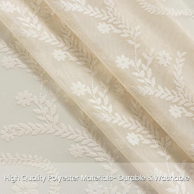 WAZZIO Boho Lace Curtains 2 Panels 63 Inches -Cute Vintage Victorian Sheer Panel Drape French Country Floral Pattern & Tassel Light Filtering Privacy for Bedroom Dining Living Room,Beige,W52x L63