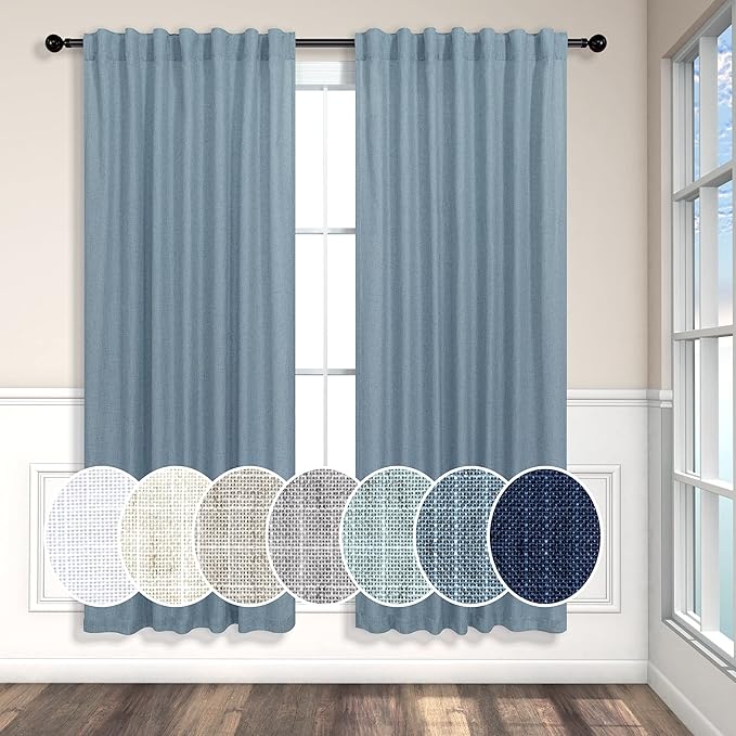 Light Blue Curtains 63 Inch Length for Kids Room 2 Panel Back Tab Pocket Semi Sheer Linen Lightweight Airy Flowy Country Blue Farmhouse Curtain for Bedroom Teen Boys Boho Denim Blue Grey Gray 52x63