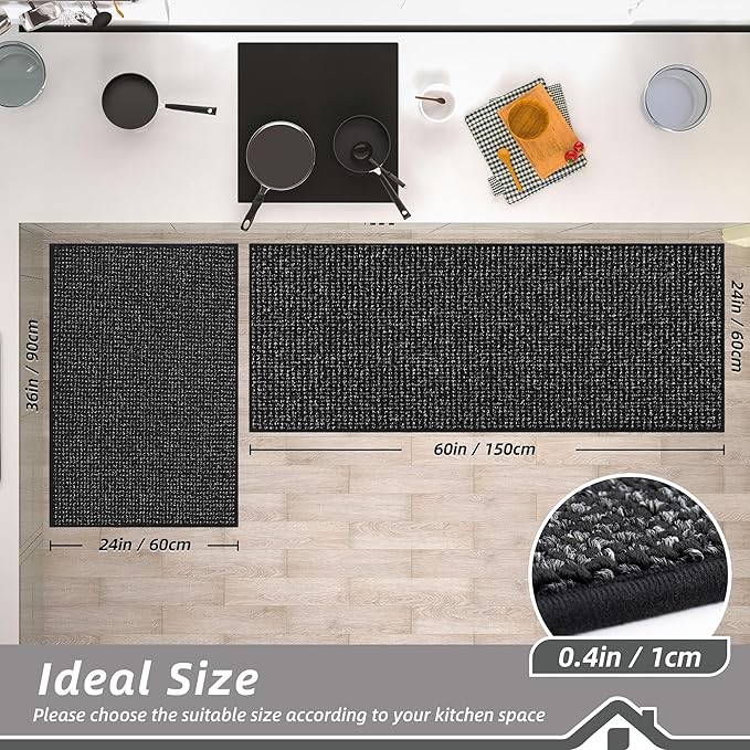 BEQHAUSE Kitchen Rugs and Mats 2PCS, Non-Slip Kitchen Mats for Floor, Absorbent and Stain Resistant Kitchen Runner, Machine Washable Rugs for Kitchen, Laundry & Sink, 24"x36"+24"x60", Black